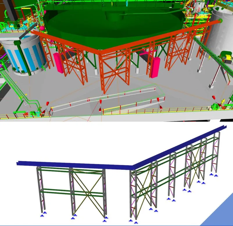 3D BIM model and structural analysis diagram of the tails launder support steelwork at Copler Gold Mine