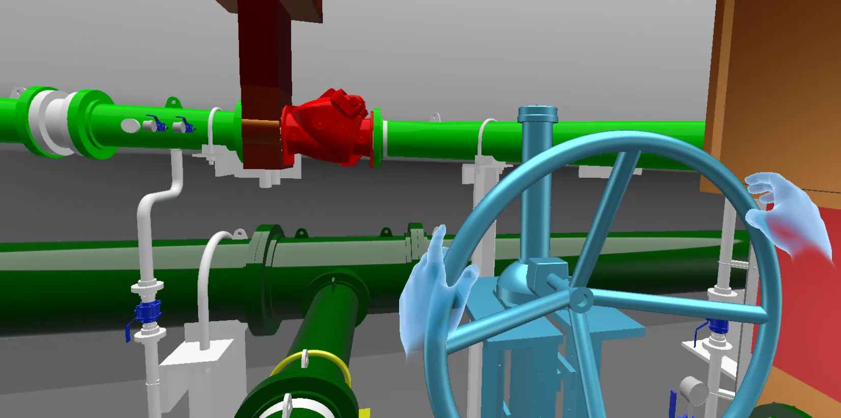 Virtual reality simulation of a pump station showing a hand operating a large valve wheel amid coloured pipework