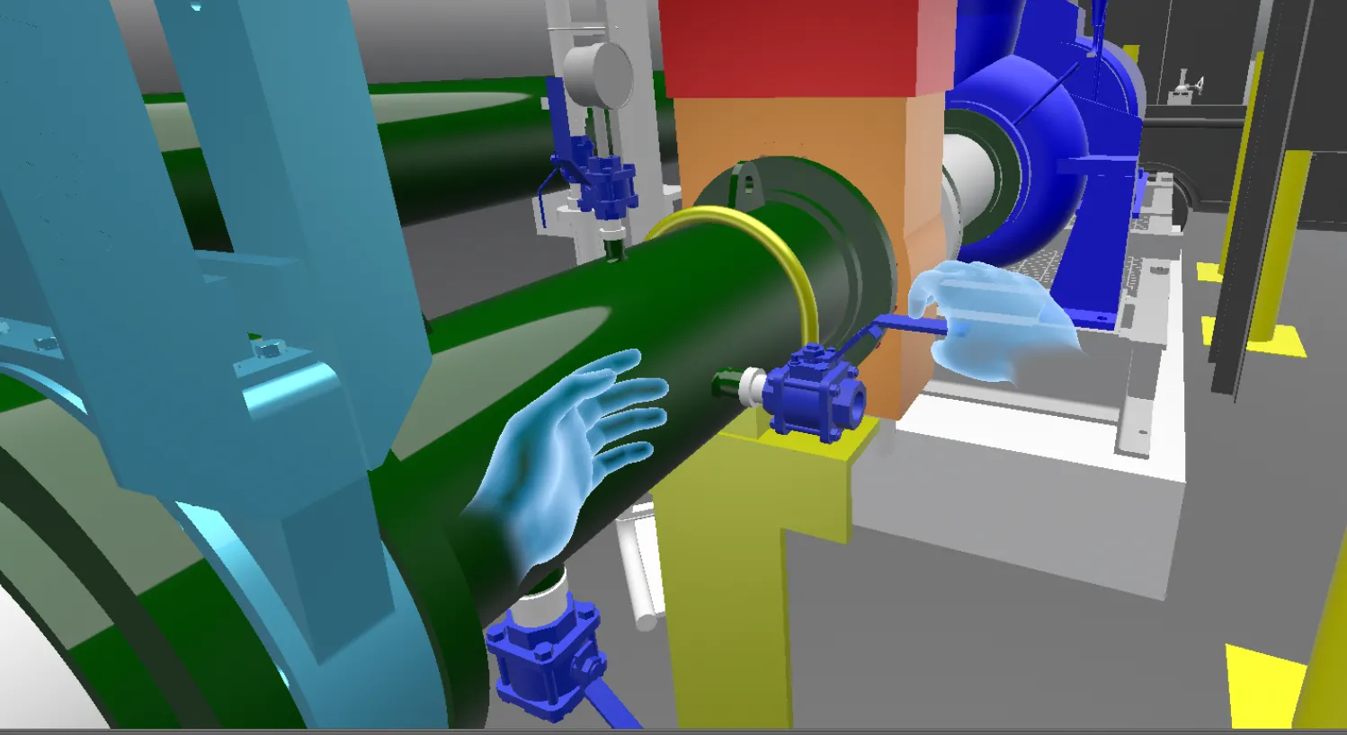 3D VR model of an underground pump station showing pipework, valves and virtual hands checking valve access