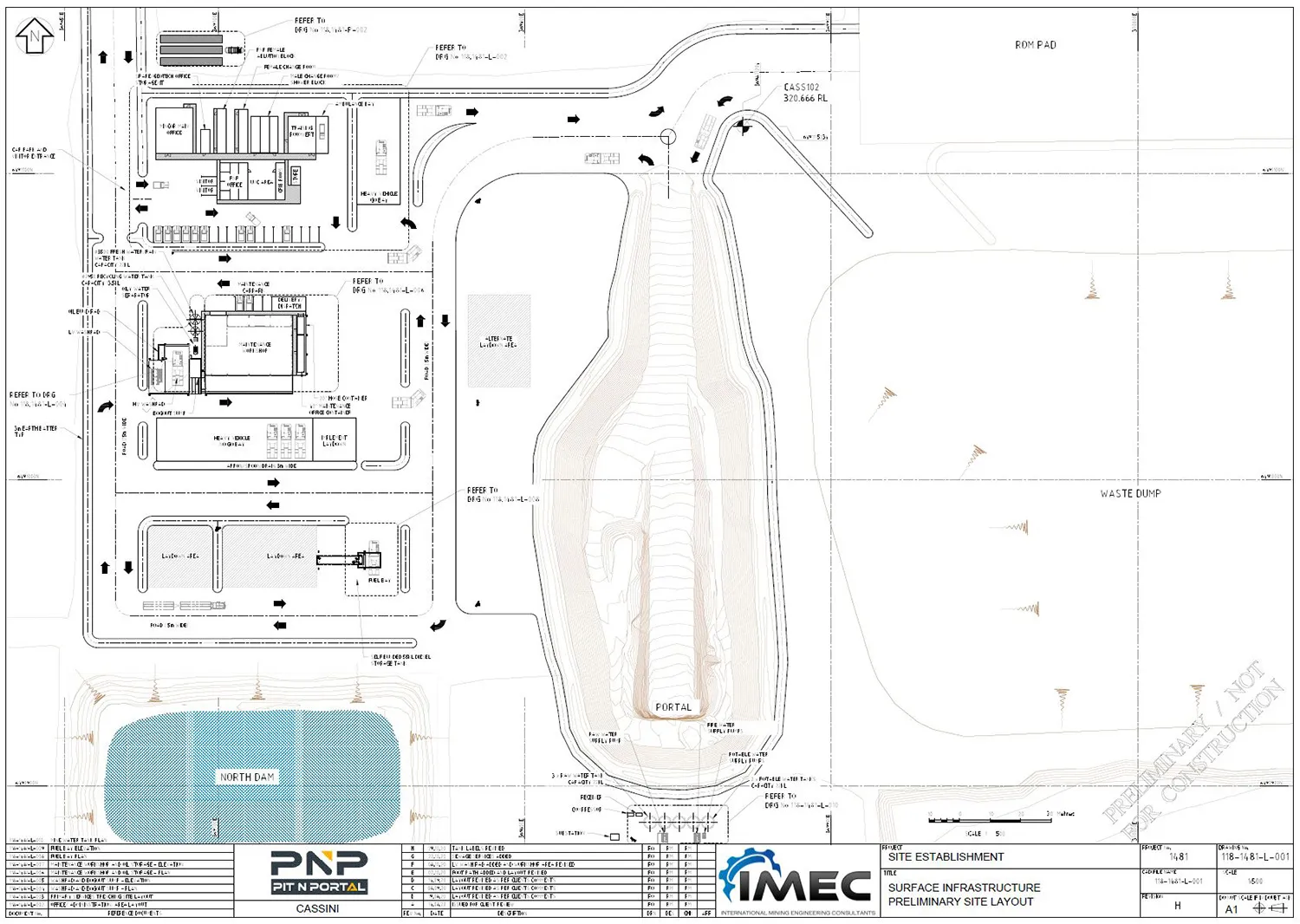 Preliminary site layout drawing of Cassini mine surface infrastructure showing portal, workshops, offices, dam and waste dump