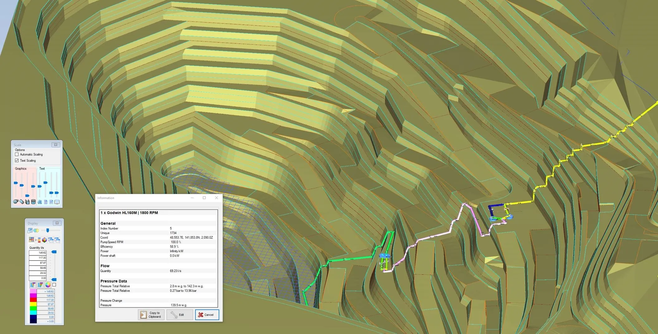 3D open-pit mine model with dewatering pipeline routes and pump data information panel overlay