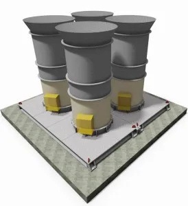 3D render of steel platform supporting four parallel axial vent fans over a mine shaft collar