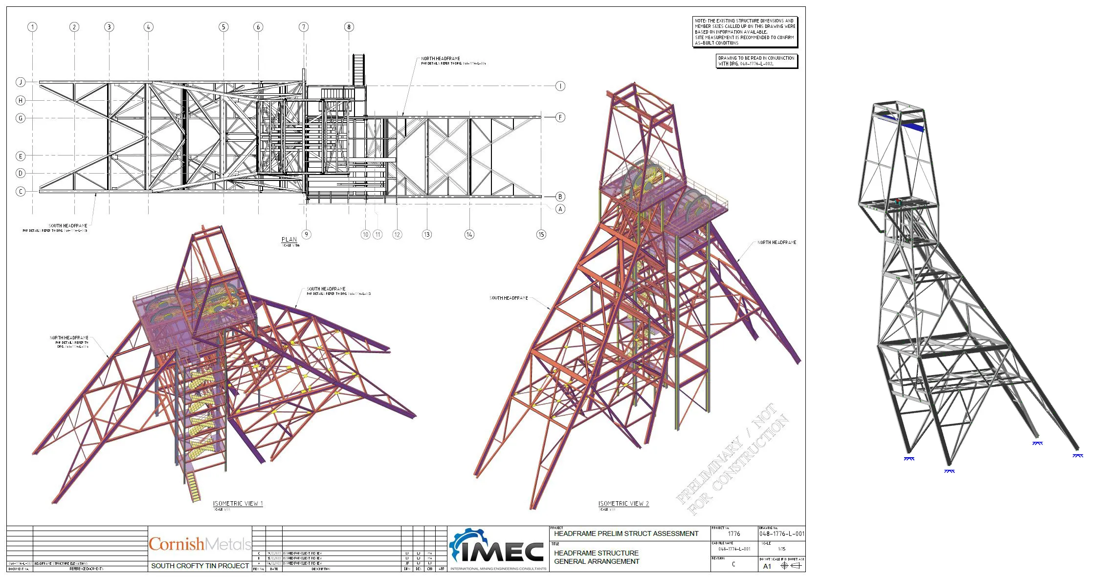 Engineering drawing and 3D model of the South Crofty tin mine headframe structure, general arrangement plan