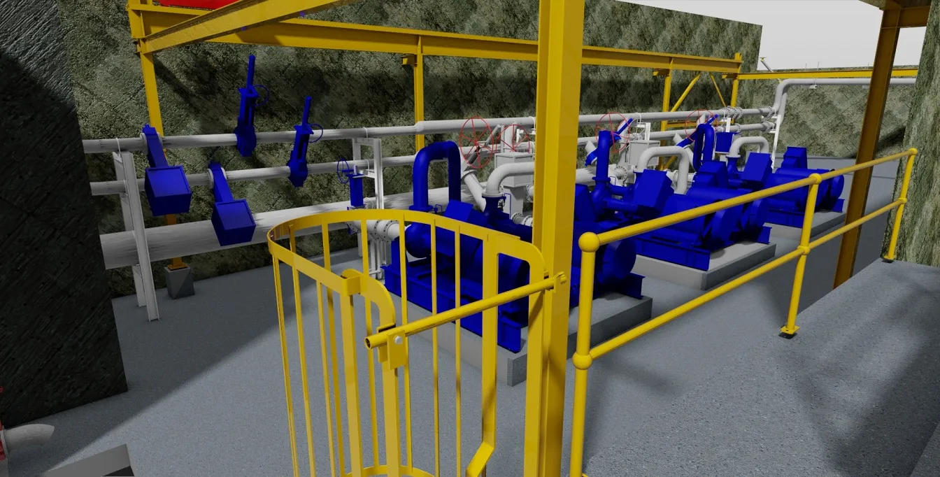 3D VR model of an underground mine pump station with blue pumps, piping and yellow safety railings