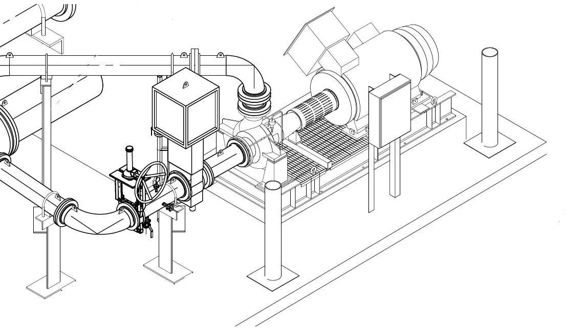 Isometric CAD drawing of a pump station skid showing piping, valves, motor and support structure
