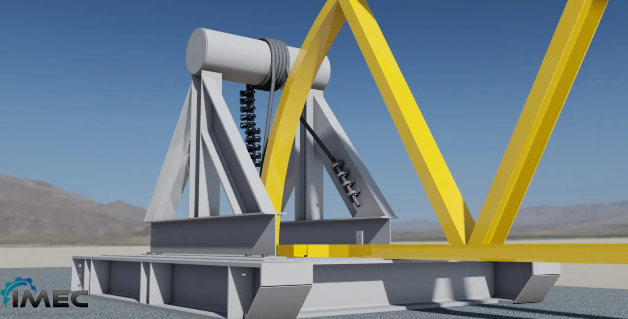 3D render of a headframe-style cable lowering rig with drum winch and yellow support legs on a mine site