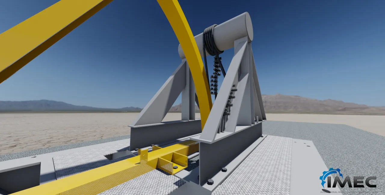 3D rendering of a yellow and grey cable-lowering rig mast mounted on a desert test platform